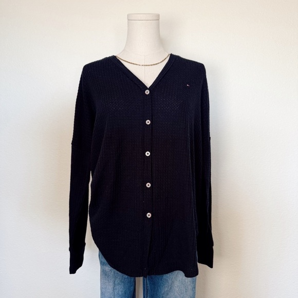 Tommy Hilfiger Women’s Waffle Knit Lightweight Tie Front Blue Cardigan Size M - Picture 5 of 6